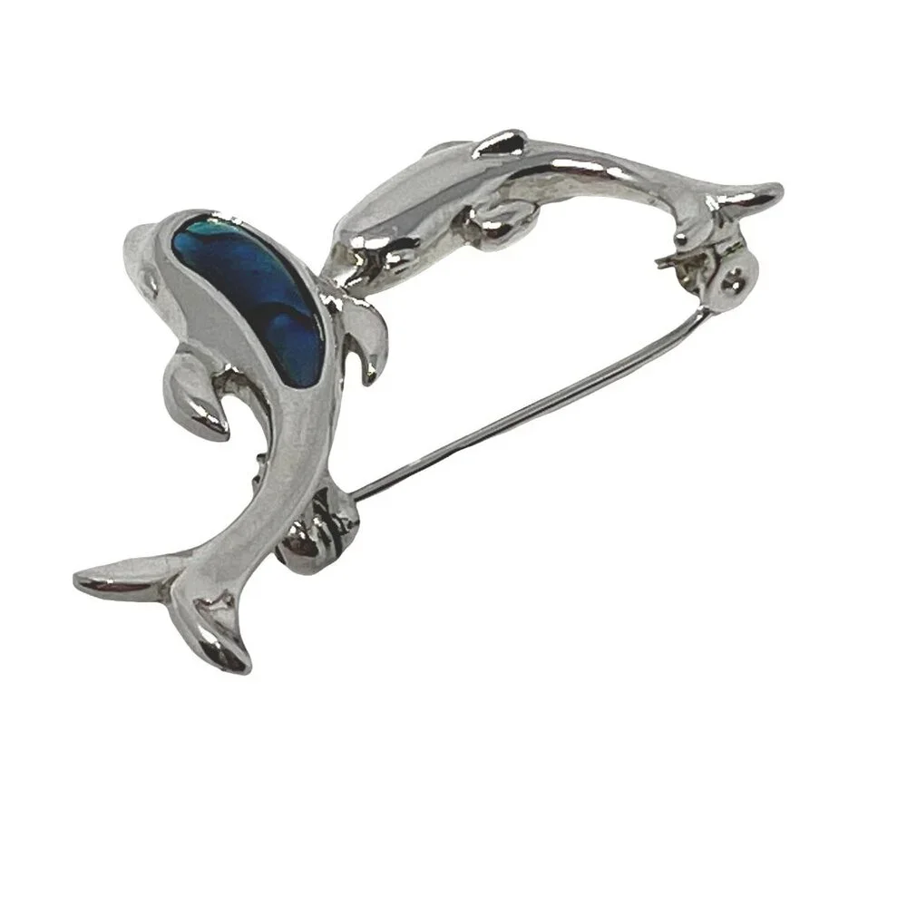 Dolphin Brooch Silver Tone Two Porpoise‎ Ocean Beach Marine Life Pin